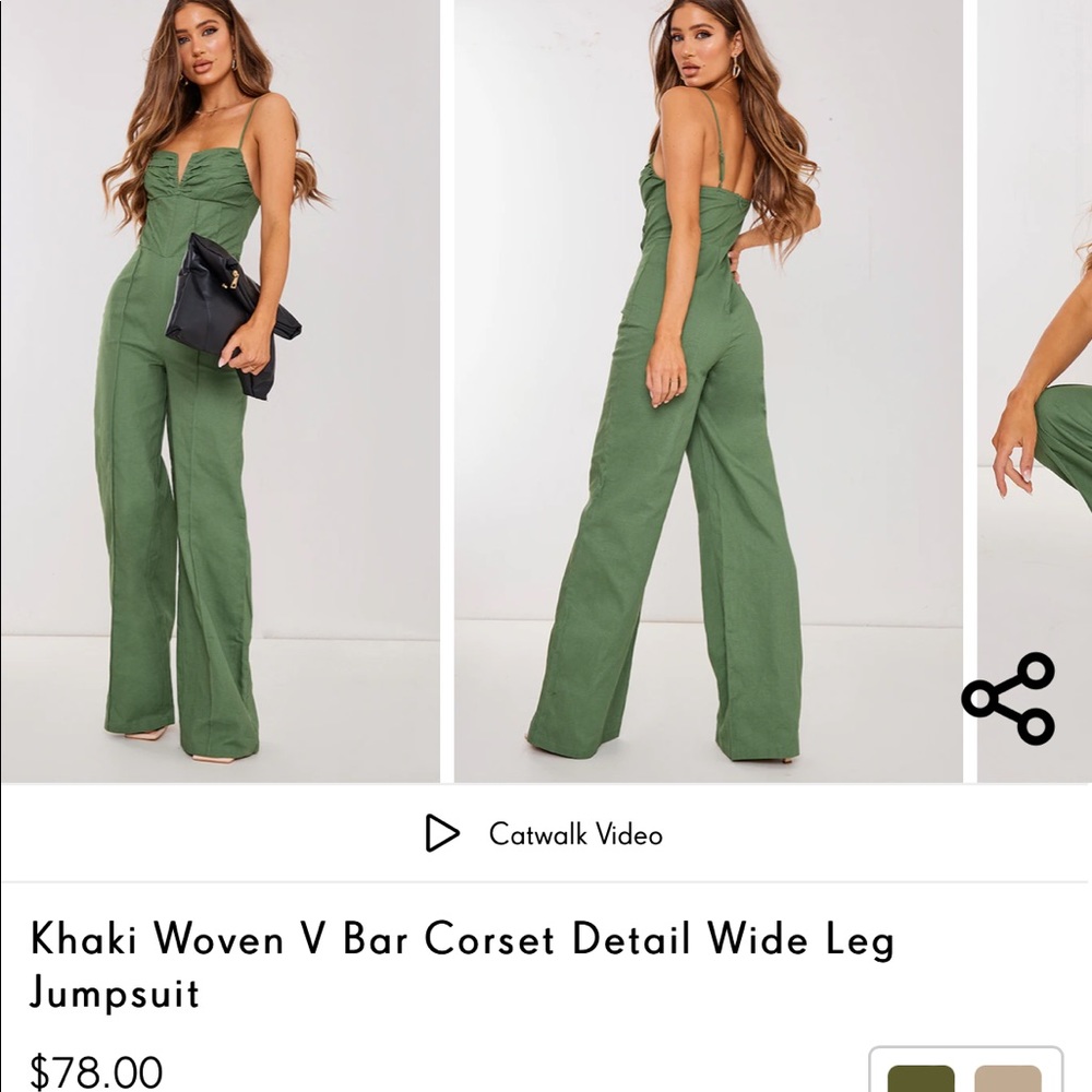 PrettyLittleThing: Khaki Woven V Bar Corset Detail Wide Leg Jumpsuit